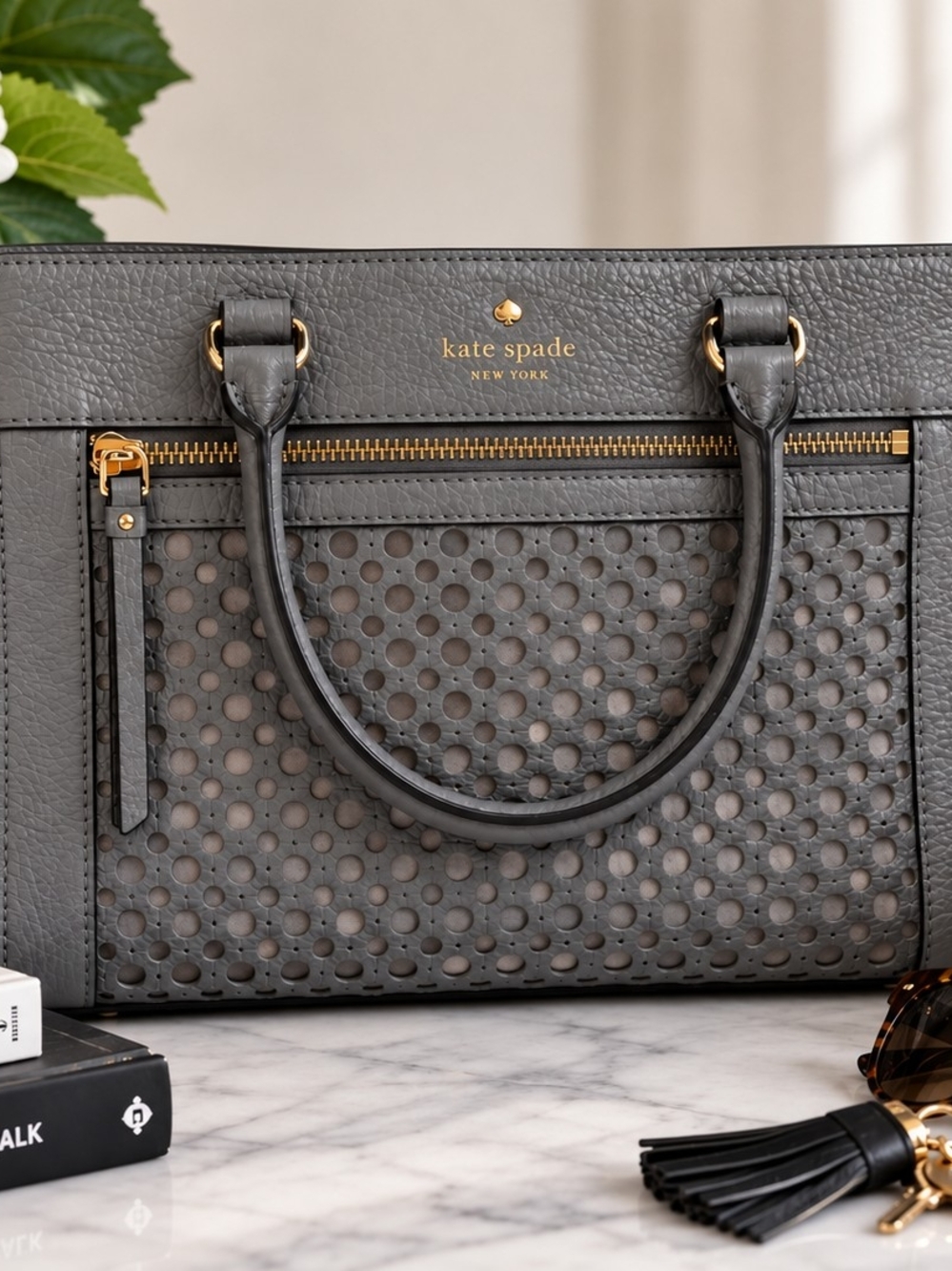 Kate Spade Gray Leather Satchel Crossbody Bag Perforated Gold Hardware